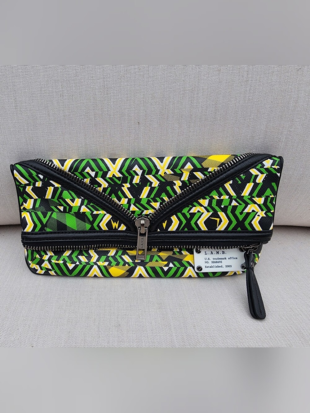 L.A.M.B. African Argyle Green Yellow leather clutch